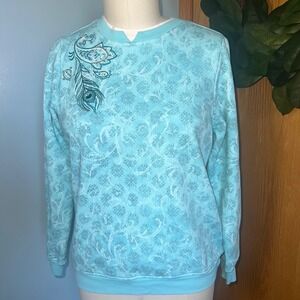 Breckenridge Turquoise Blue Paisley Feather Embroidered Crewneck Women's Small
